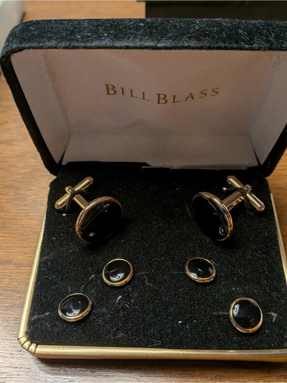 Vintage Bill Blass Black and Gold Cufflinks with Matching Studs